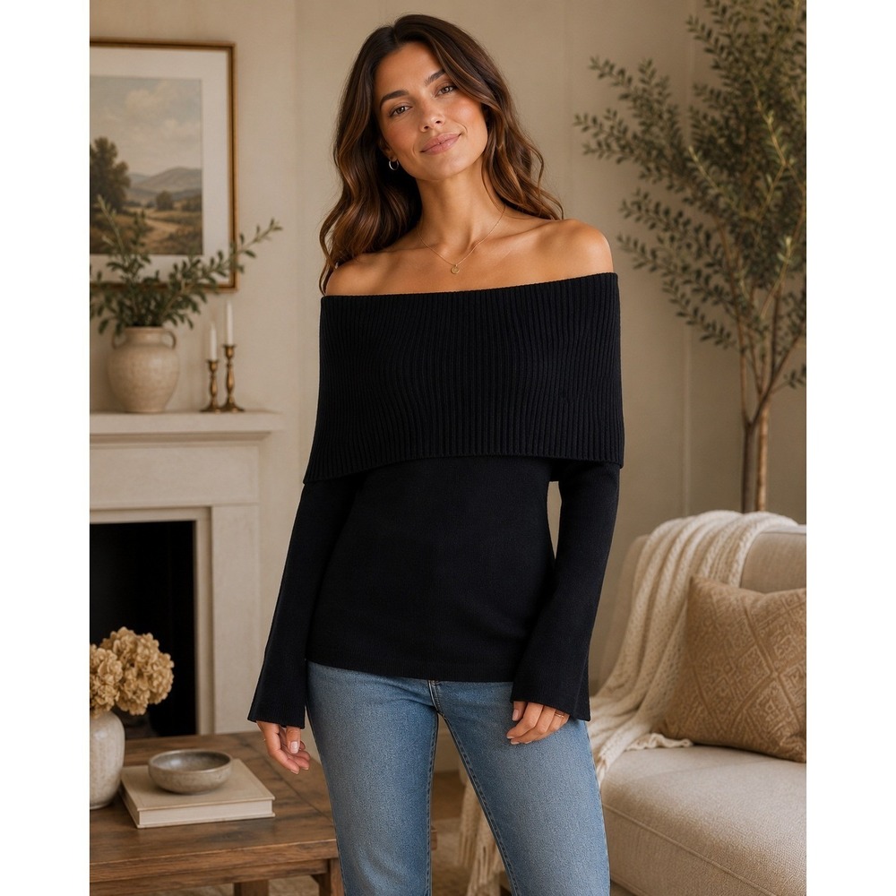 UGG Sweater Womens Medium Black Rhodyn Off Shoulder Coquette Minimalist Goth